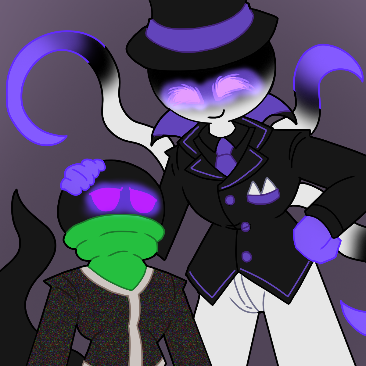 Art in the background features the Rift with his hand on Glitch's head.

The Rift is a tall entity with a white body, purple eyes and ends (his hands and tendrils), and a black and purple suit. Glitch is a shorter void critter with a black body, purple eyes, green scarf, static-y jacket, and large tail.