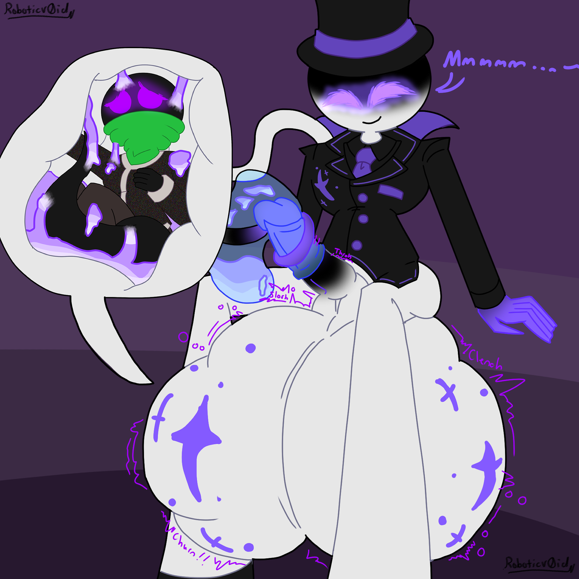 Art mainly features The Rift, still smiling but most notably now has his cock out, and giant overstuffed balls. They're noisy and he lets out a satisfied 'Mmmmmm...' Meanwhile, off to the side, Glitch is shown to be inside those balls. They're looking distressed and drenched in cum.